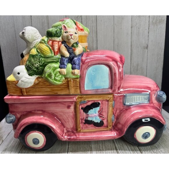 Vtg HL 2000 Red Truck w/ Animal Crew Cookie Jar Fitz & Floyd Style 809 14" Long - Picture 1 of 13